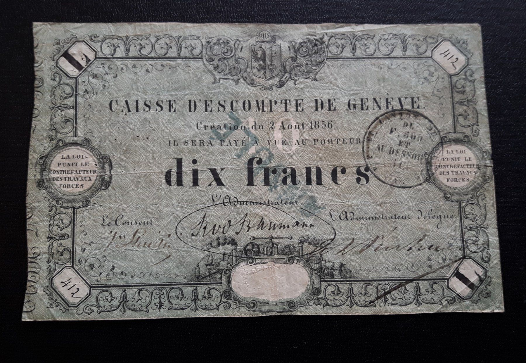 Banconote: 10Fr. CAISSE D'ESCOMPTE DE GENÈVE 1856 – Usato da Zürich venduto da brinkosos