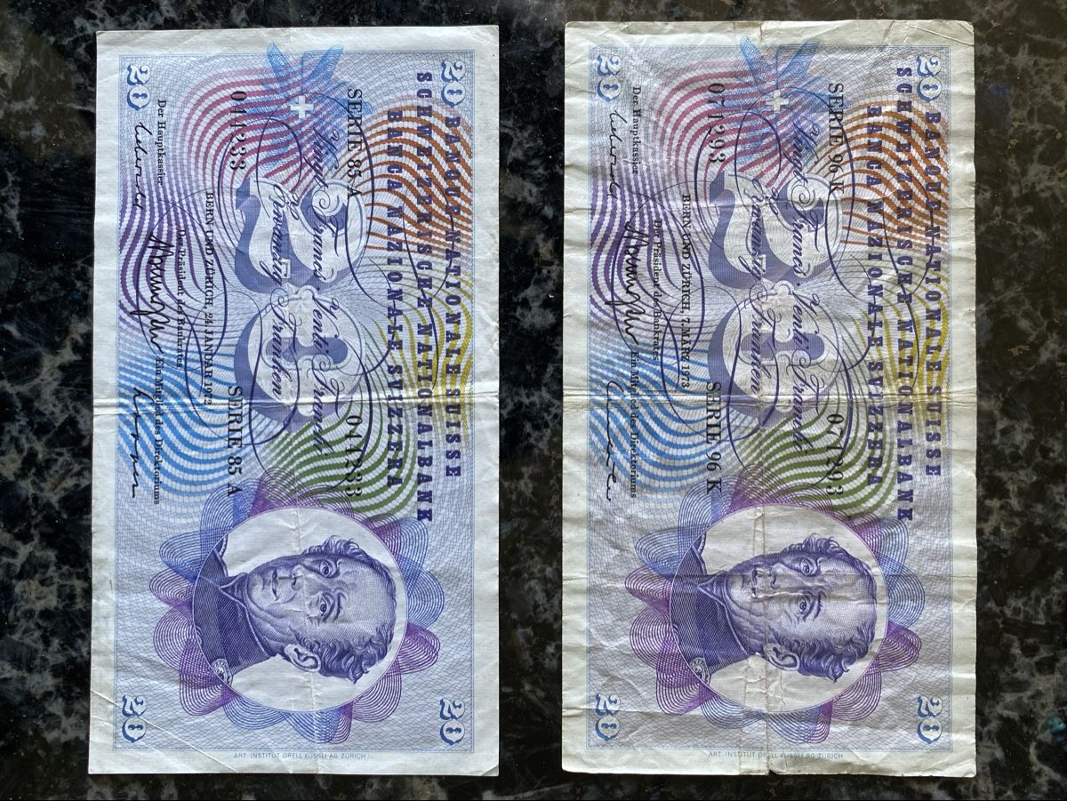 Banknoten: 2 x 20 Franken Noten. – Gebraucht aus Wohlen AG von Botaurus