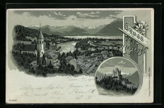 Cartoline postali: Mondschein-Lithographie Thun, Totalansic – Usato da Berlin venduto da bartko-reher