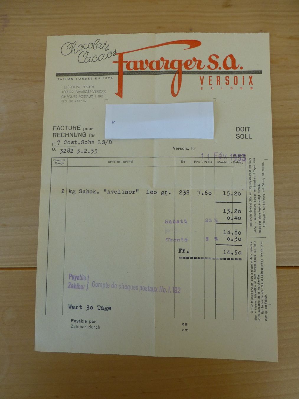 Foto & Immagini: Versoix, Favarger SA Chocolats, 1953 – Usato da Bettlach venduto da 1saurer