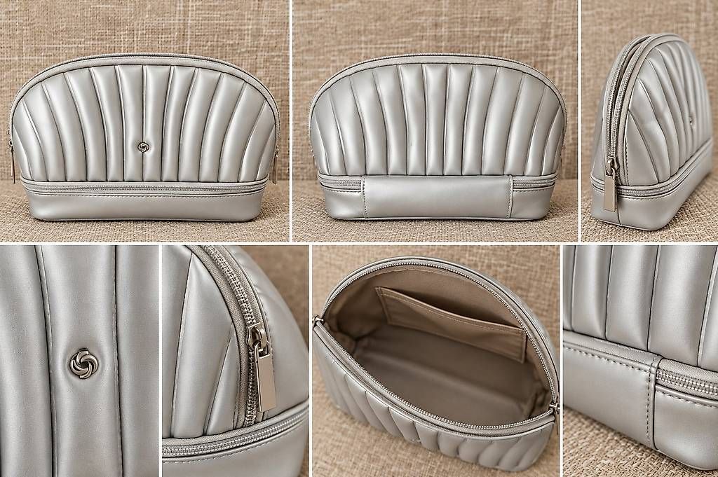 Kosmetikkoffer: Samsonite Kosmetiktasche Silber  elegant mit Steppdesign – Gebraucht aus Buchs SG von corabella