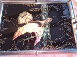 Serviertablett Glas Metall Perlmutt Motiv Auerhahn.