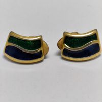 Vintage Ohrclips vergoldet Emaille grün blau #C1