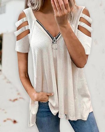 Shirt Bluse Cutout, Reissverschluss Gr. 38 weiss