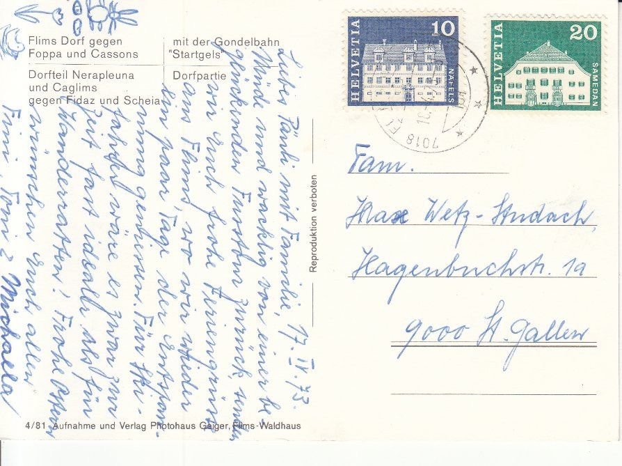 Cartoline postali: Flims 1973 – Usato da Bürglen TG venduto da StampGraf 1