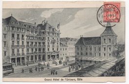 Litho BASEL Grand Hôtel de l'Univers, Tram, Strassenbahn