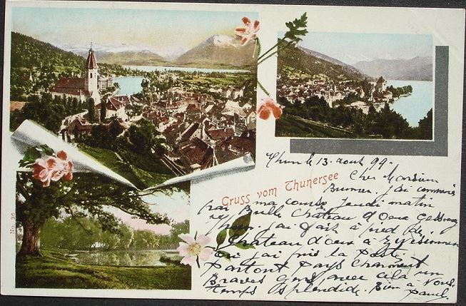 Cartoline postali: 3-Bild-LITHO Gruss vom THUNERSEE 1899 Stabstempel – Usato da Jona venduto da philajona