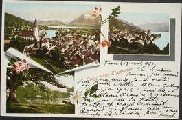 3-Bild-LITHO Gruss vom THUNERSEE 1899 Stabstempel