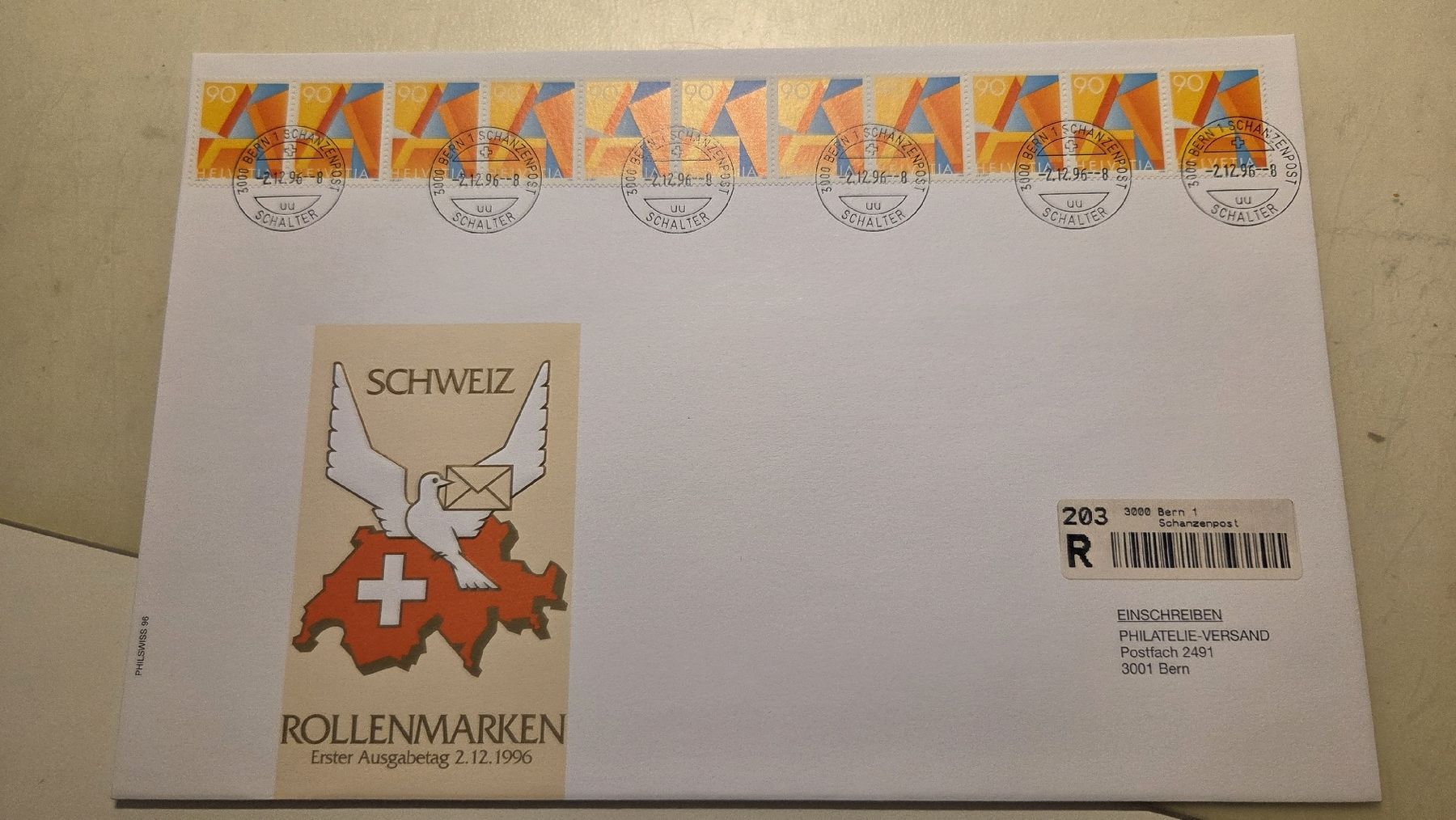 Tous les timbres: 1996 Luxus Brief FDC Rollenmarke A Post  – D'occasion à Arni AG par Moth68