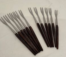Fonduegabeln 12er Set Holzgriff Edelstahl, Vintage