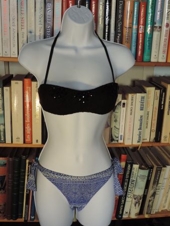 maillot de bain 2 pièces noir perles et bleu blanc