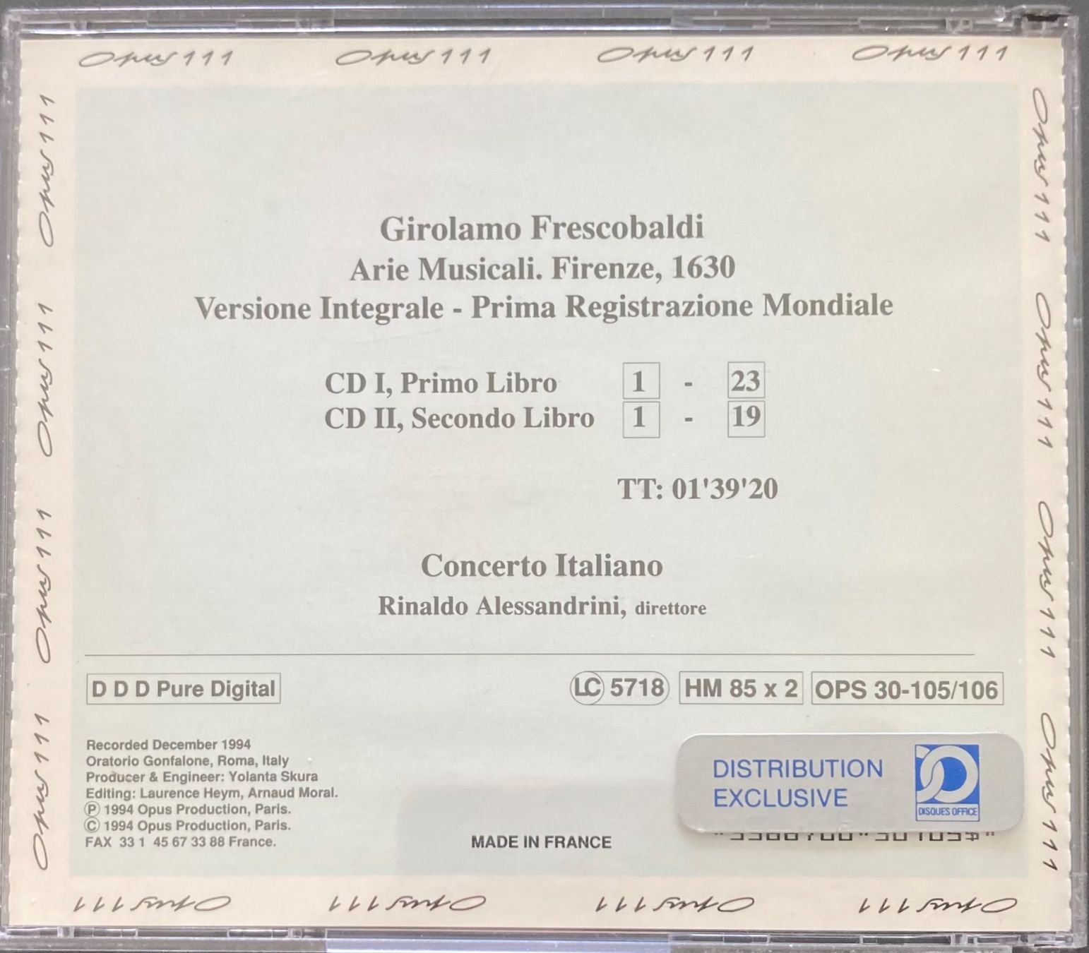 CD: FRESCOBALDI, CONCERTO ITALIANO..... - ARIE MUSICALI – Usato da Poliez-Pittet venduto da Newtown-Records 1