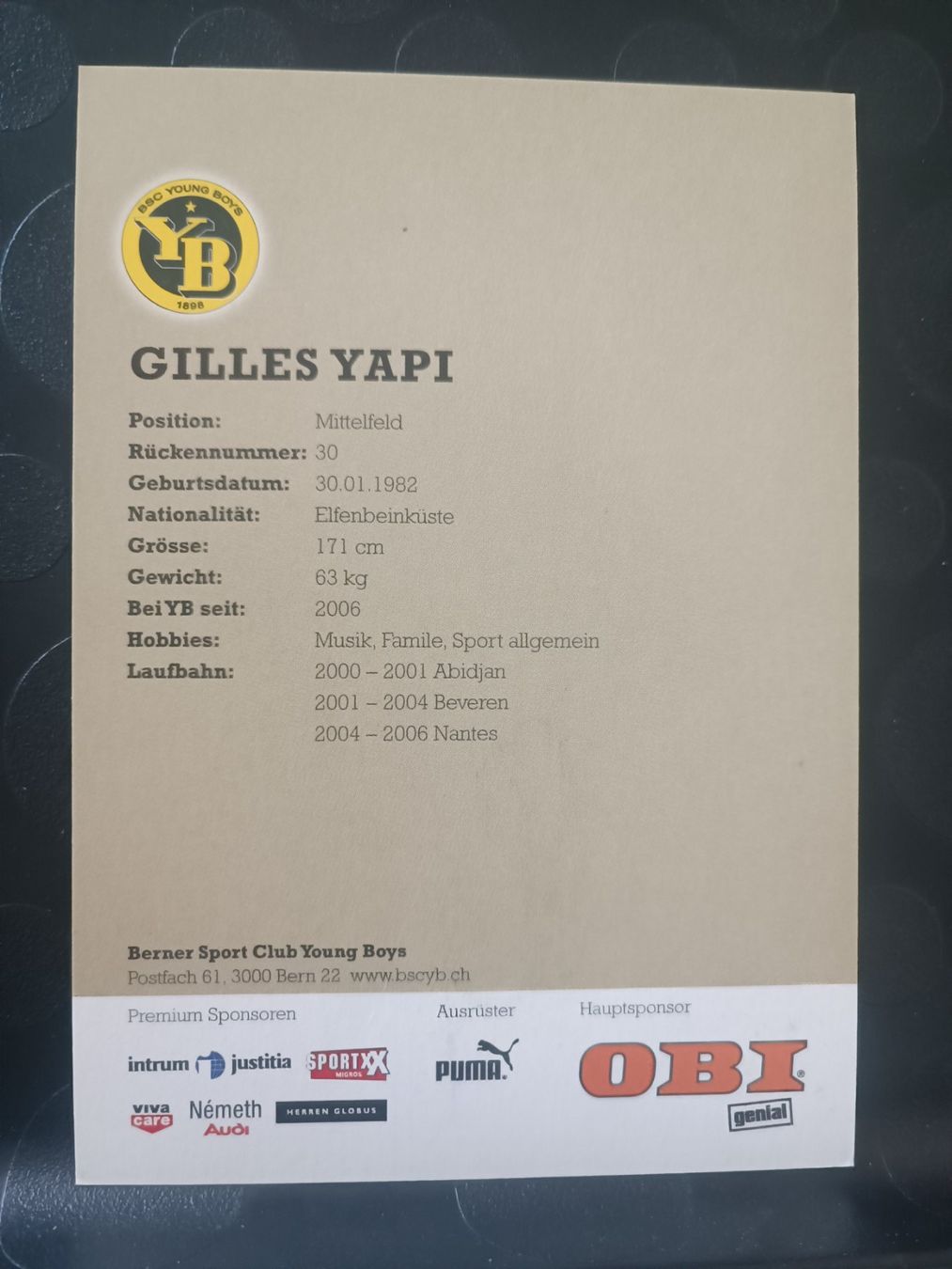 Autografi: Gilles Yapi - YB Bern - handsignierte Karte – Usato da Menziken venduto da Artographs 1