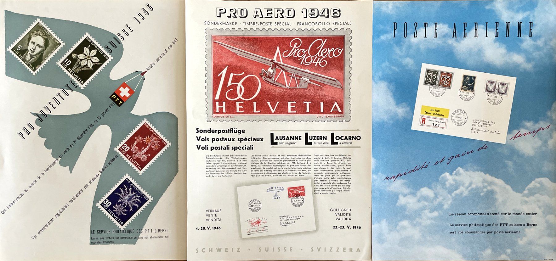 Poster & Bilder: Schweizer Briefmarken- 4 alte Werbungen /Réclames 1946/47 – Gebraucht aus Savagnier von Ne2065 1