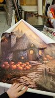 Poster 60x90 cm "Casetta rurale con zucche"
