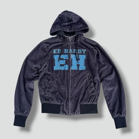 Ed Hardy y2k fluffy rhinestones hoodie retro glitzer jacke