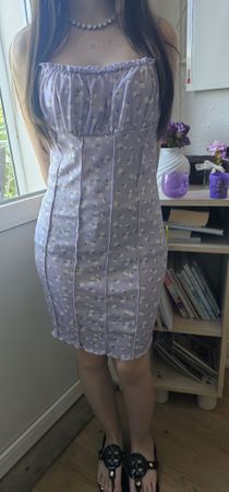 Summer Lilac Floral Mini Dress - Strapless, Ruffle Top, M/L