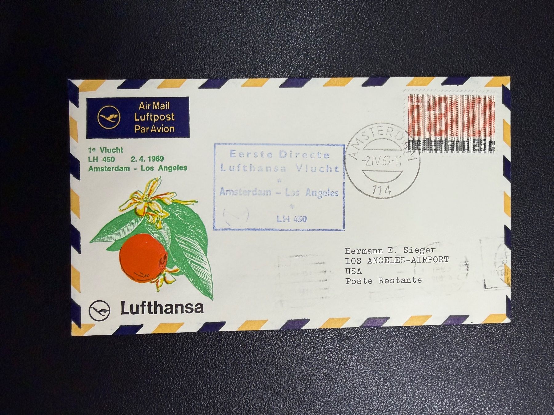 Tutti i francobolli: Lufthansa Erstflug Amsterdam - Los Angeles 1969 – Usato da oberrüti venduto da jeanmei