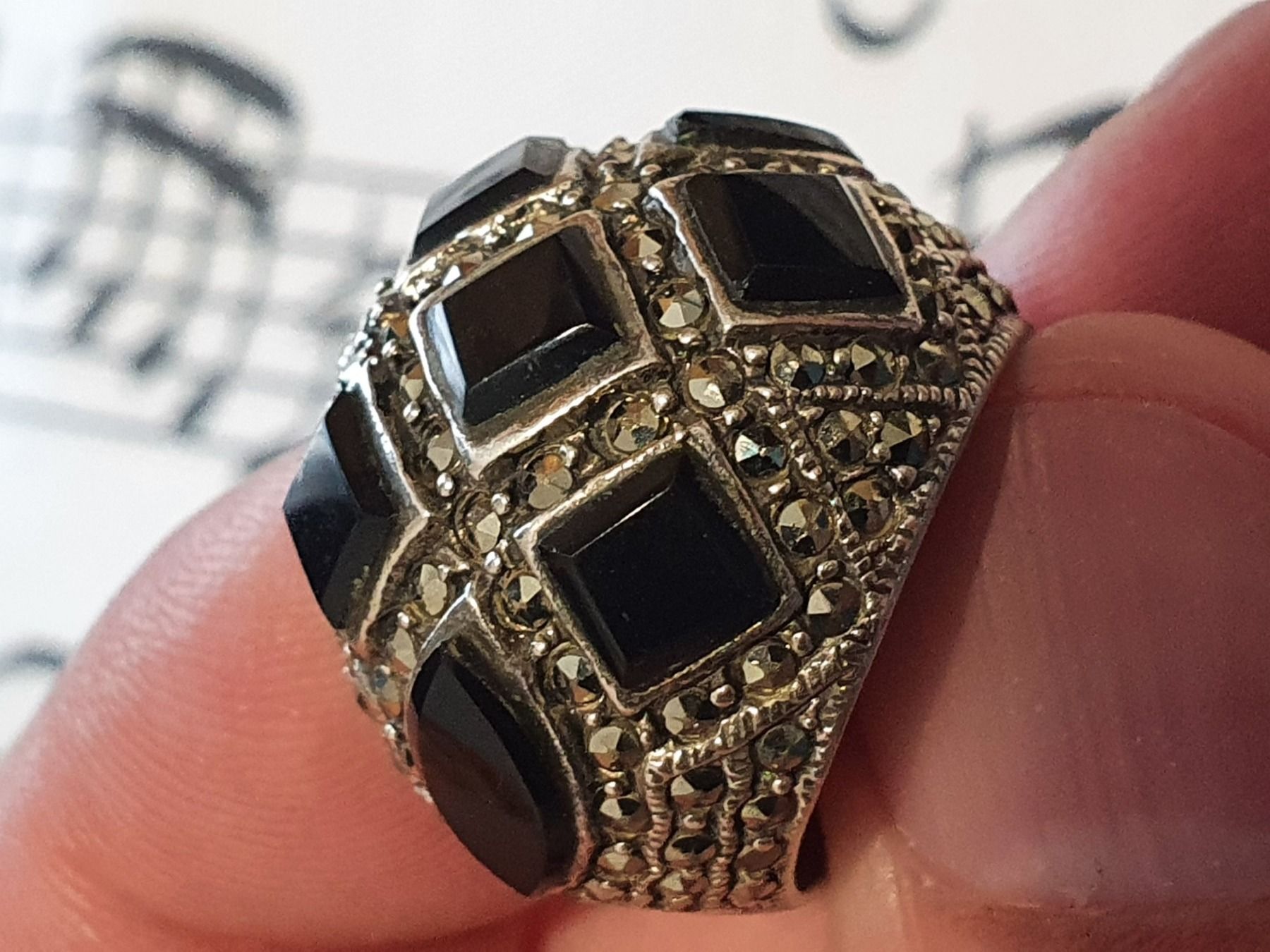 Ringe: Vintage, opulenter 925er Silber Markasiten/Onyx Ring – Gebraucht aus Wohlen AG von palmsprings 1