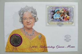 2000: Numisbrief 100. Geb. Queen Mum mit 5-Pfund-Gedenkmünze