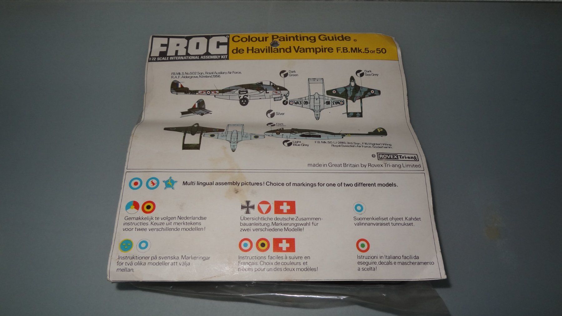 De Havilland Kit di modellismo & Modellini statici: FROG DE HAVILLAND VAMPIRE F.B Mk.5 OR 50 1/72 – Nuovo e nell'imballaggio originale da Winterthur venduto da Blueedition 1