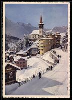 AK Arosa, Ortspartie mit evangelischer Kirche und verschneit