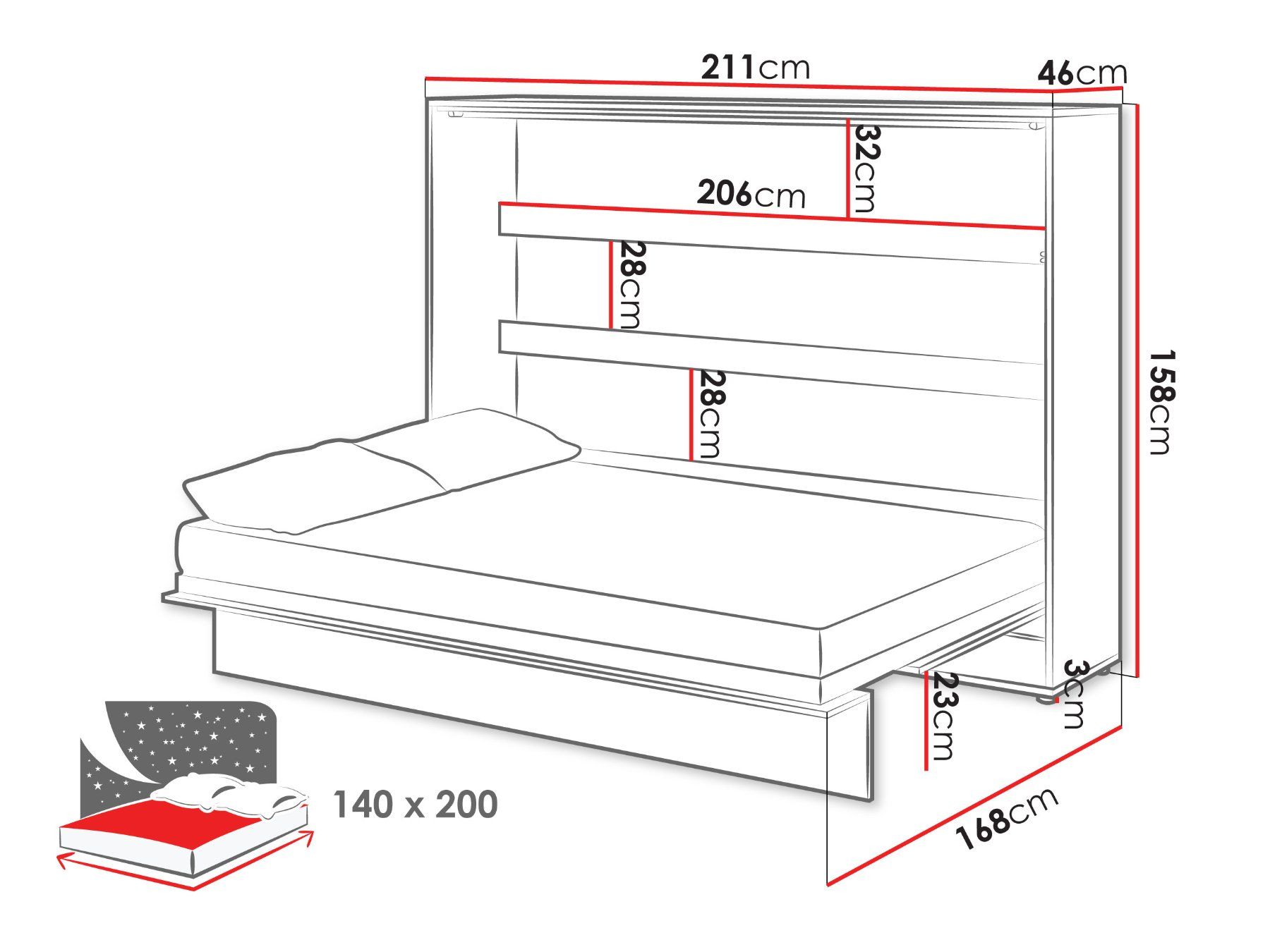 Letti: Schrankbett LEONIE Horizontal Grau + LED - 140x200cm – Nuovo e nell'imballaggio originale da Wallenwil venduto da toesstal-vertrieb 8