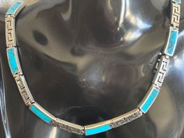 Collier argent massif 925, opale bleue et motif clé grecque