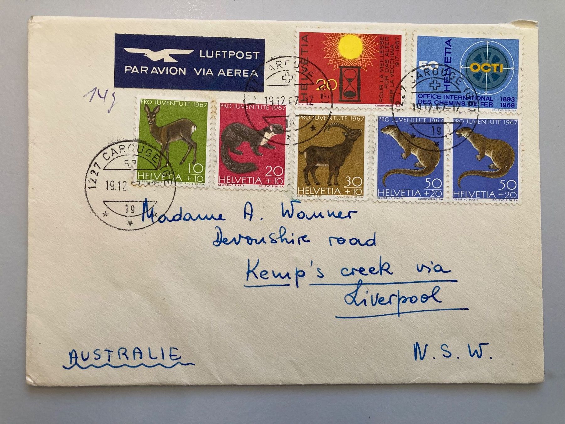 Tutti i francobolli: Luftpostbrief mit Pro Juventute Marken 1967 – Usato da Solothurn venduto da ehe_8spw