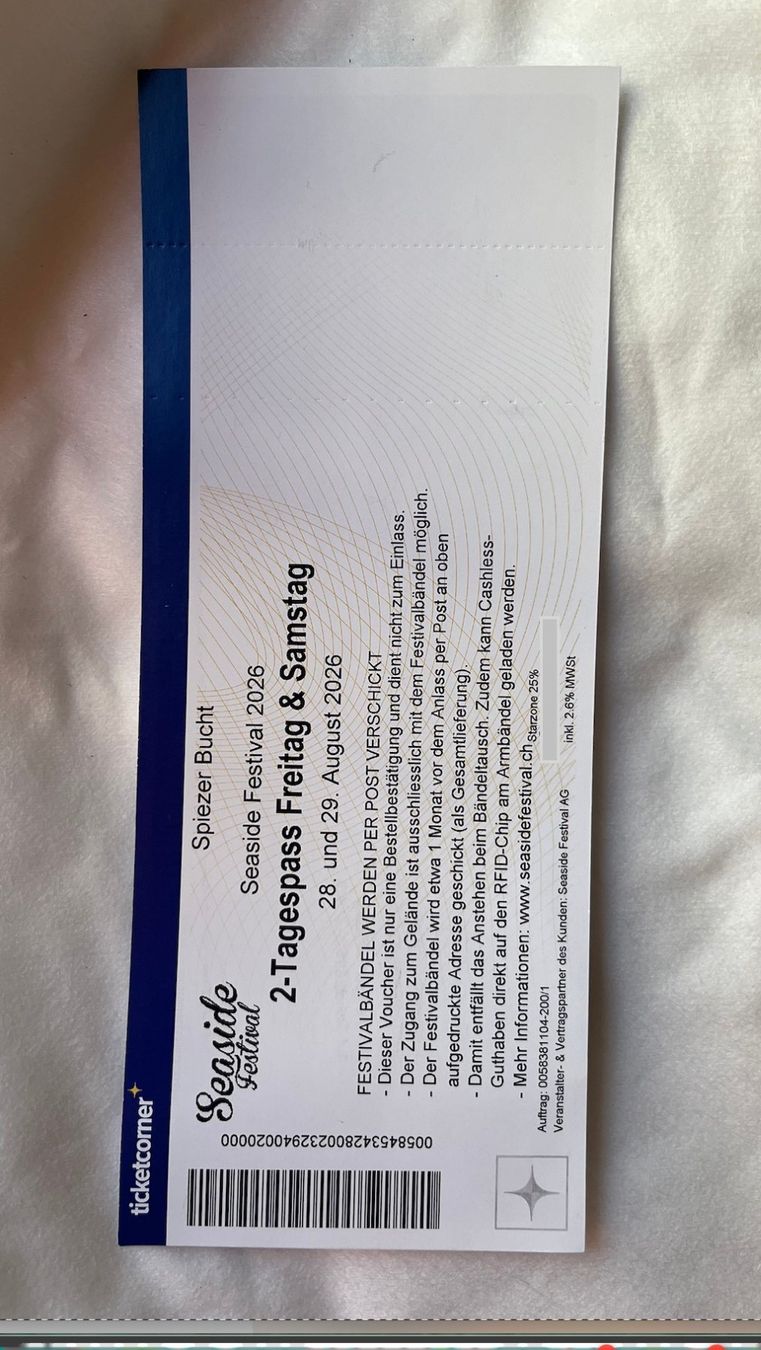 Billets: 2-Tagespass Seaside 2026 – Neuf (Voir description) à Spiez par haselmaus25 2