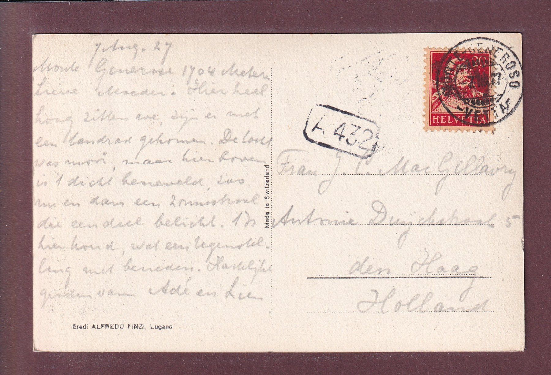Cartoline postali: MONTE GENEROSO - 1927 – Usato da Pully venduto da nicecards 1