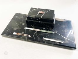 Stiftablage mit 2 Tintenfass Marmor Schwarz Art Deco Design