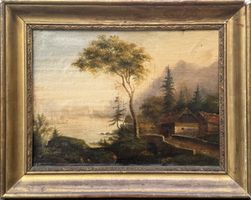 Antico dipinto paesaggio montano olio