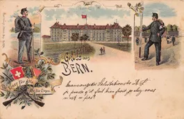 Gruss aus Bern, Kaserne und Soldaten, Litho, gelaufen 1899