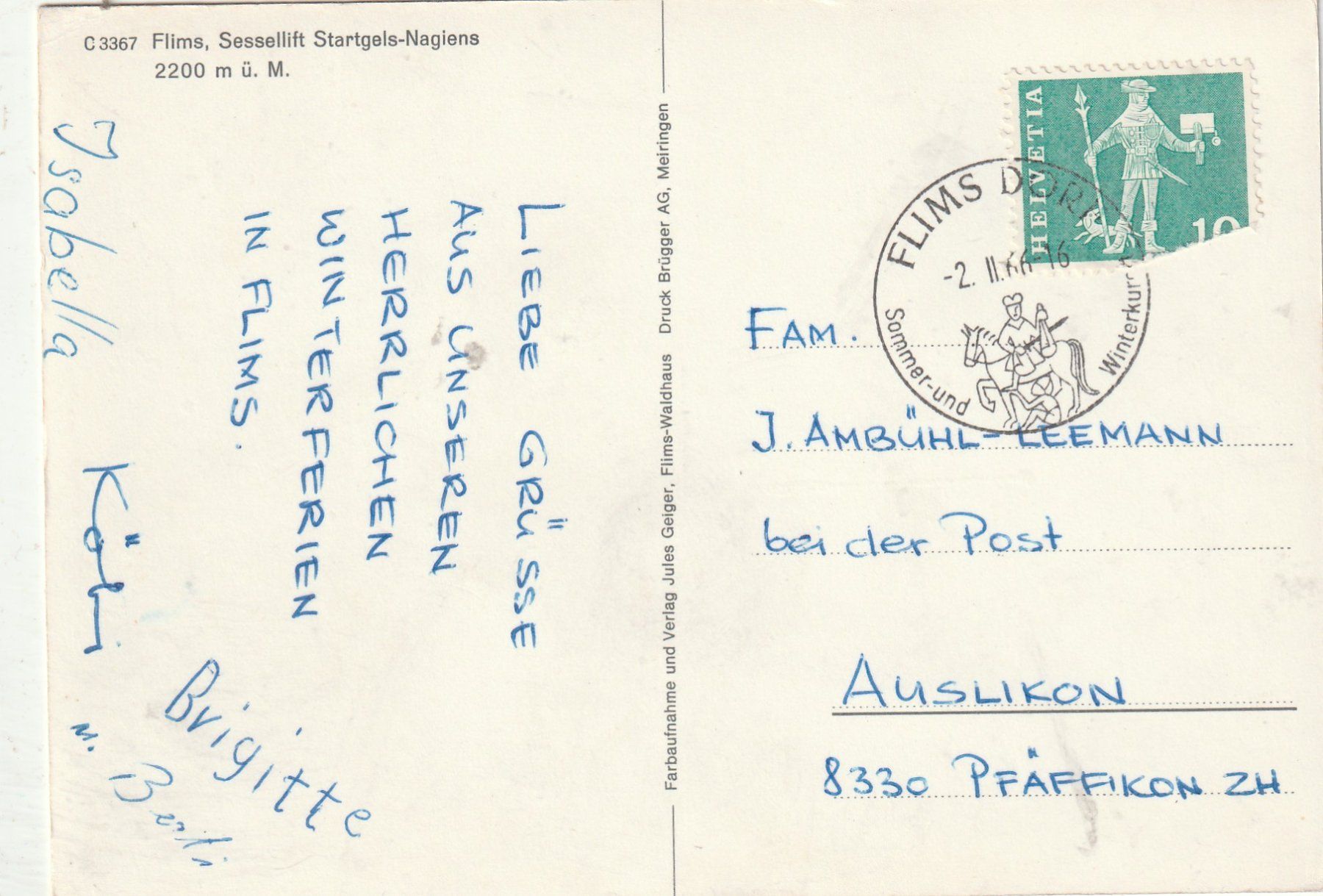 Cartoline postali: Flims Sesselbahn Stargels- Nagiens um 1960 – Usato da Lumbrein venduto da made02 1