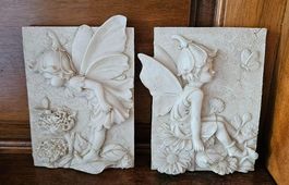 2 Feen Relief Wanddeko mit Blumen und Schmetterling 20cm
