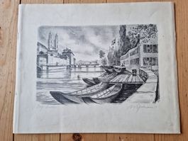 Zürich schöne belebte Ansicht 1950 Litho