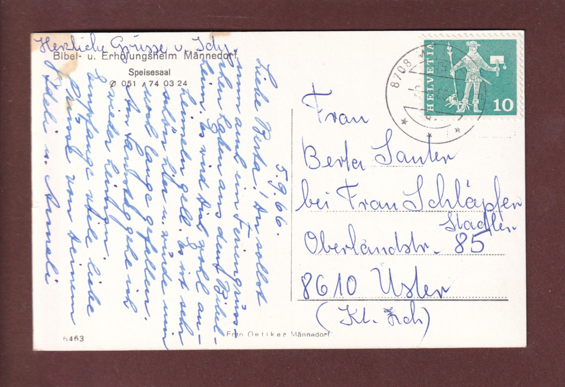 Cartoline postali: MÄNNEDORF - Erholungsheim - 1966 – Usato da Pully venduto da nicecards 1