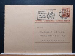 Postkarte 10 Rp. braun, 1945, mit Werbestempel