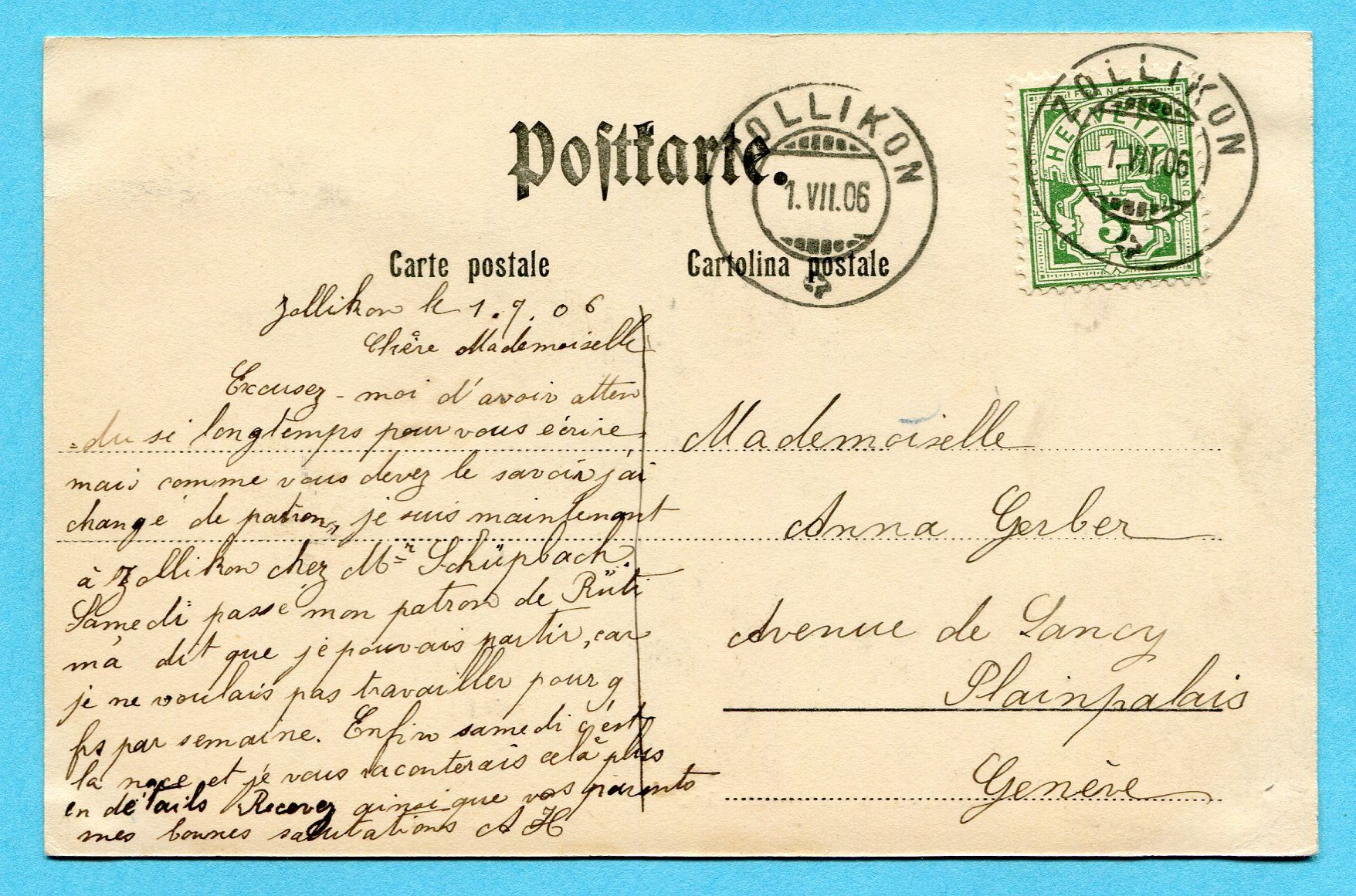 Cartoline postali: Rüti 1906 – Usato da Opfikon venduto da Prophila 1
