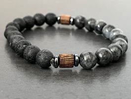 Bracelet unisexe, bois, pierre de volcan, pierre et métal