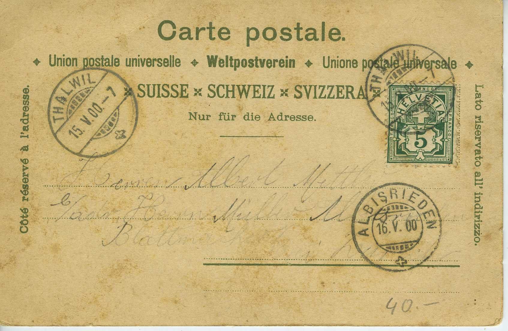 Cartoline postali: Thalwil - Thalweil Litho1900 – Usato da Schleitheim venduto da Pmschlaate 1