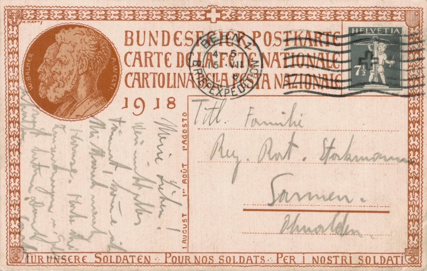 Cartoline postali: Alte Ansichtskarte, Bundesfeier 1918 – Usato da Oberkirch LU venduto da sa_kr 1