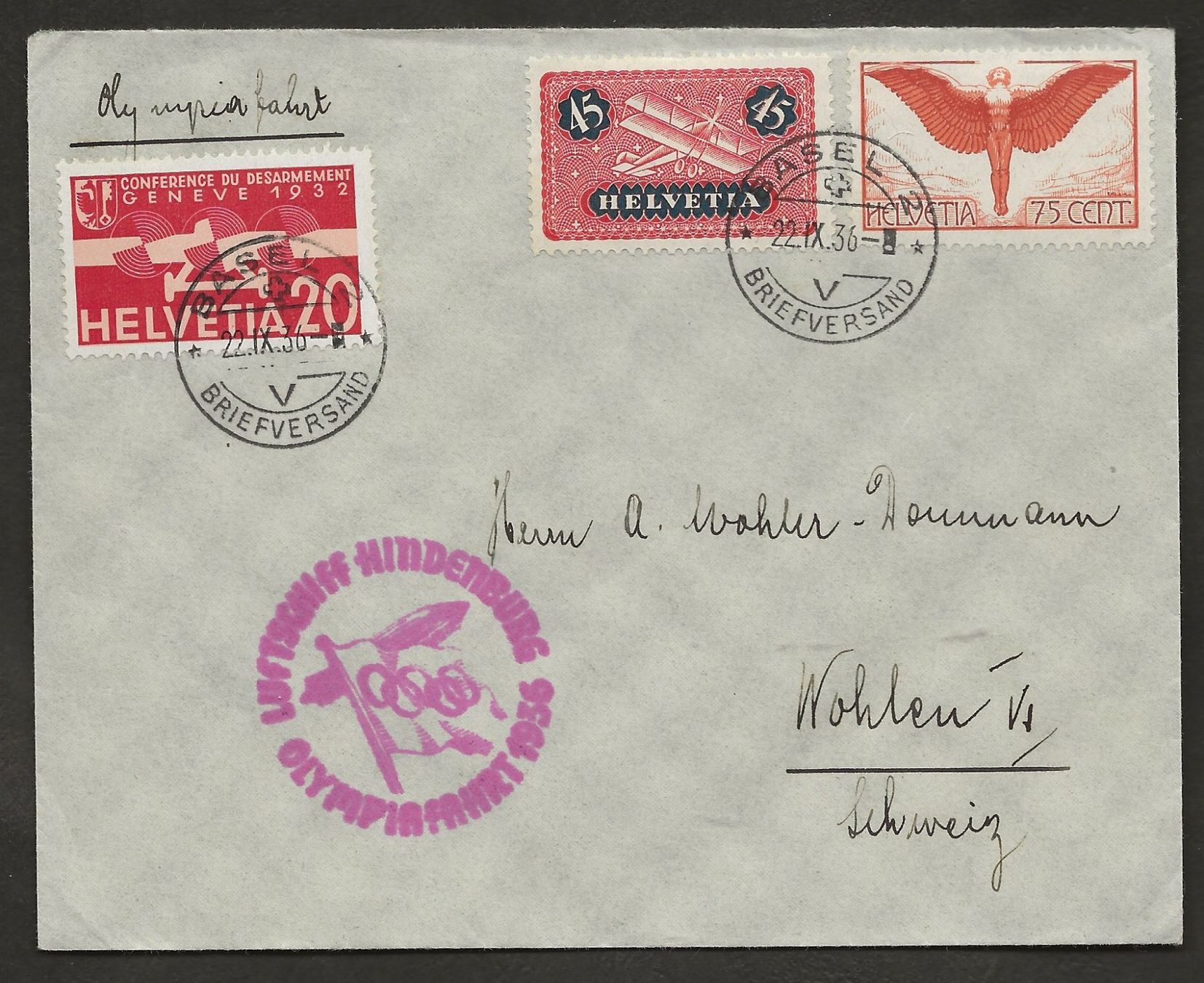 Tutti i francobolli: Flugpost Schweiz 1936 Zeppelin Olympiade ab Basel Luftpost – Usato da Au ZH venduto da xelagreb01