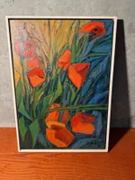 Tableau peinture huile A. Hobler 1989 fleurs cadre bois