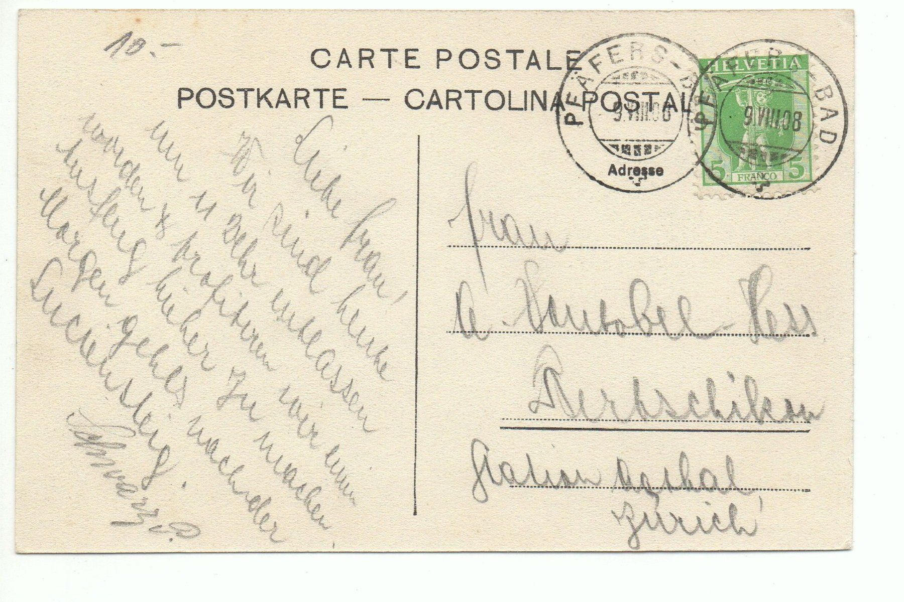 Cartoline postali: BAD RAGAZ gel. 1908 v. Pfäfers-Bad – Usato da Jona venduto da philajona 1