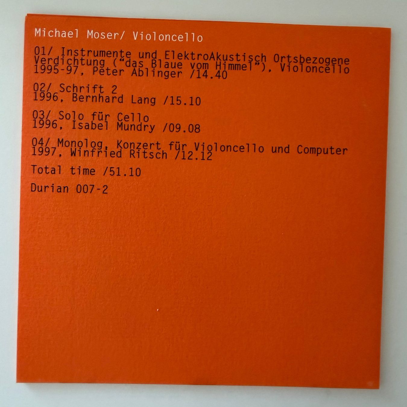 CDs: Michael Moser - Violoncello (Durian) Ablinger/Lang – D'occasion à Zug par Mirare9 1