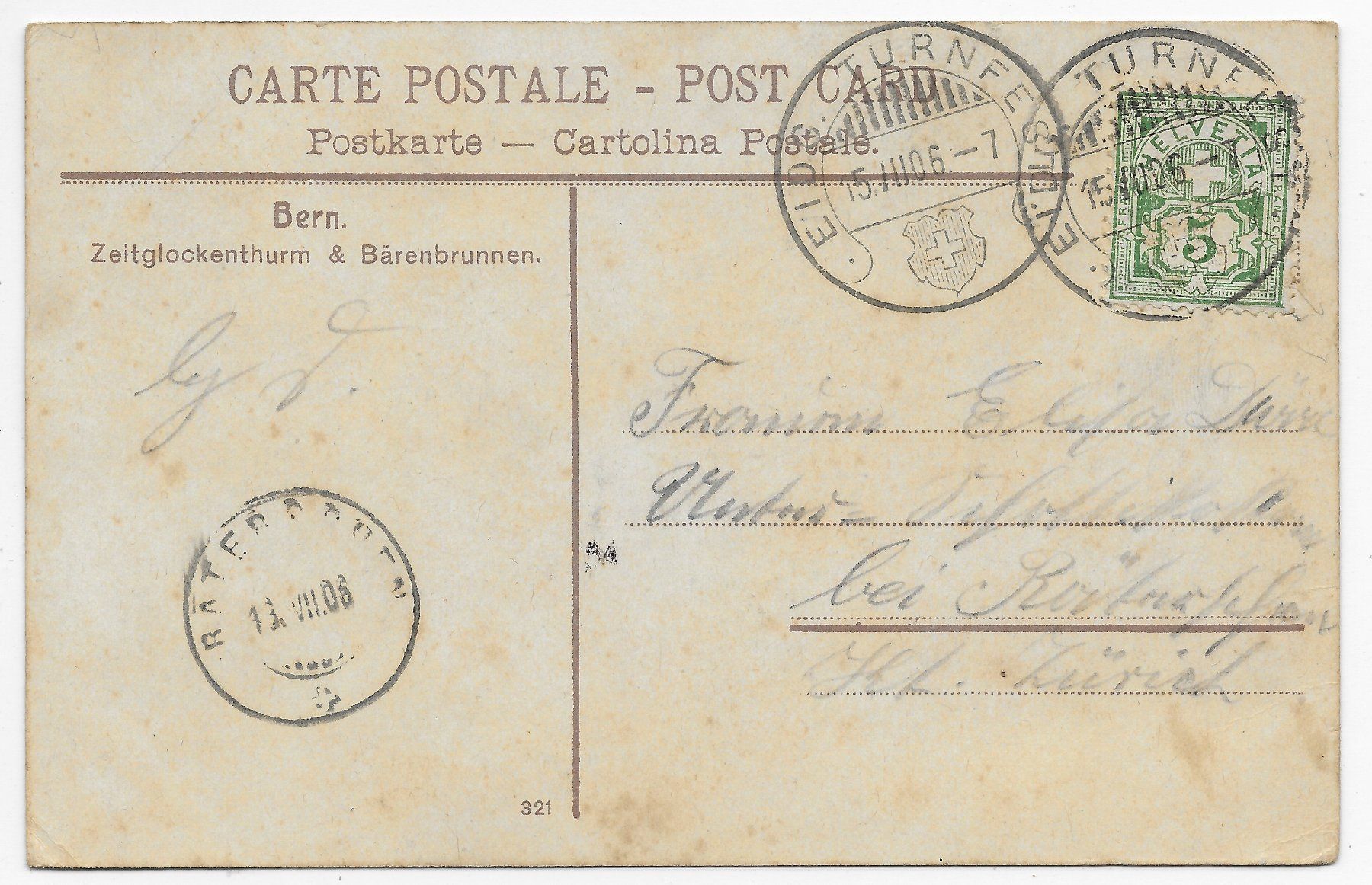 Cartoline postali: Bern, ⨀ Eidg. Thurnfest 1906 – Usato da Hefenhofen venduto da Richsalz 1