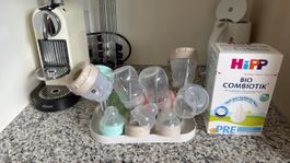 6 neue Babyflaschen mit Abtropfgestell und Shoppenpulver