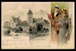 Lithographie Zürich, Landesmuseum, Herr liest beim Flanieren